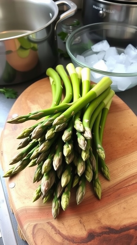 Freezing Fresh Asparagus: A Quick Guide Fresh asparagus spears on a wooden cutting board, ready for freezing, with a bowl of ice water beside them.
